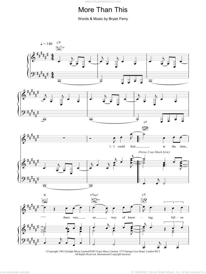 More Than This sheet music for voice, piano or guitar by Roxy Music and Bryan Ferry, intermediate skill level