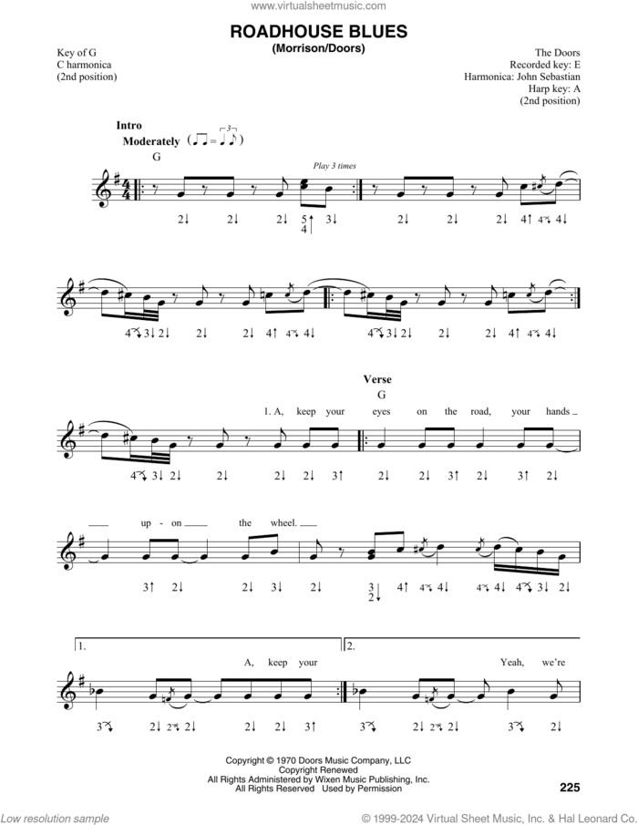 Roadhouse Blues sheet music for harmonica solo by The Doors, Jim Morrison, John Densmore, Ray Manzarek and Robby Krieger, intermediate skill level