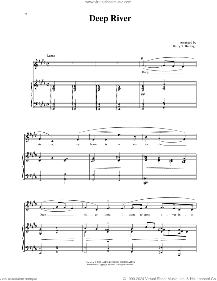 Deep River sheet music for voice and piano (High Voice) , Harry T. Burleigh and Richard Walters, classical score, intermediate skill level