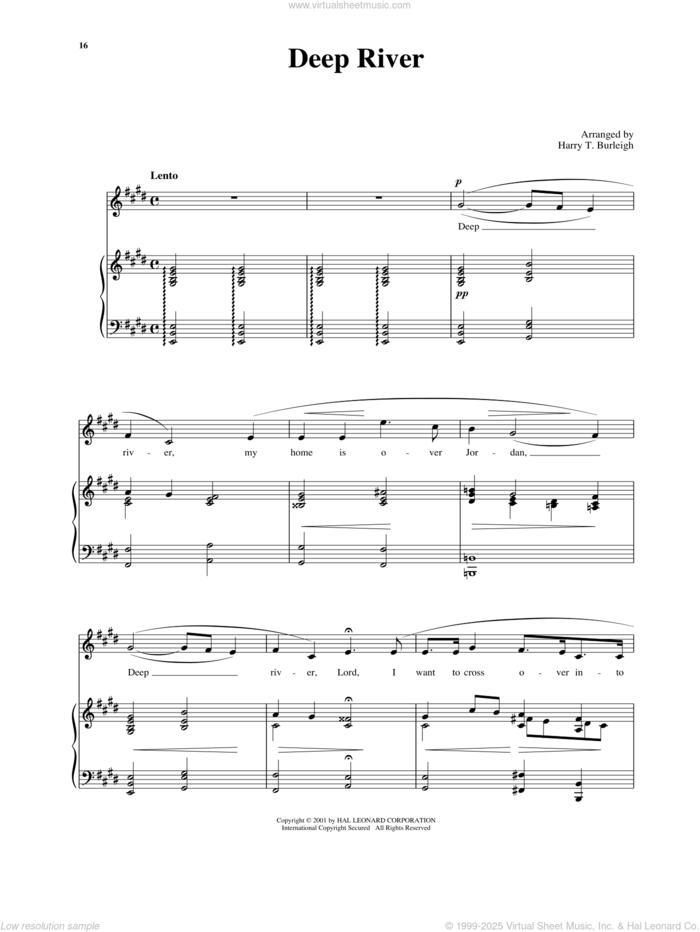 Deep River sheet music for voice and piano (High Voice) , Harry T. Burleigh and Richard Walters, classical score, intermediate skill level