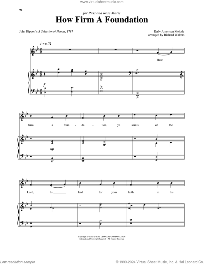 How Firm a Foundation sheet music for voice and piano (High Voice) by John Rippon, Bryan Stanley, Richard Walters and Joseph Funk, classical score, intermediate skill level