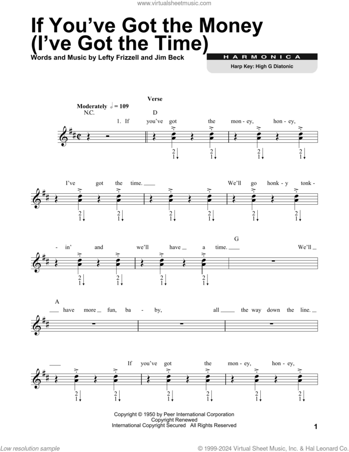 If You've Got The Money (I've Got The Time) sheet music for harmonica solo by Lefty Frizzell, Willie Nelson and Jim Beck, intermediate skill level