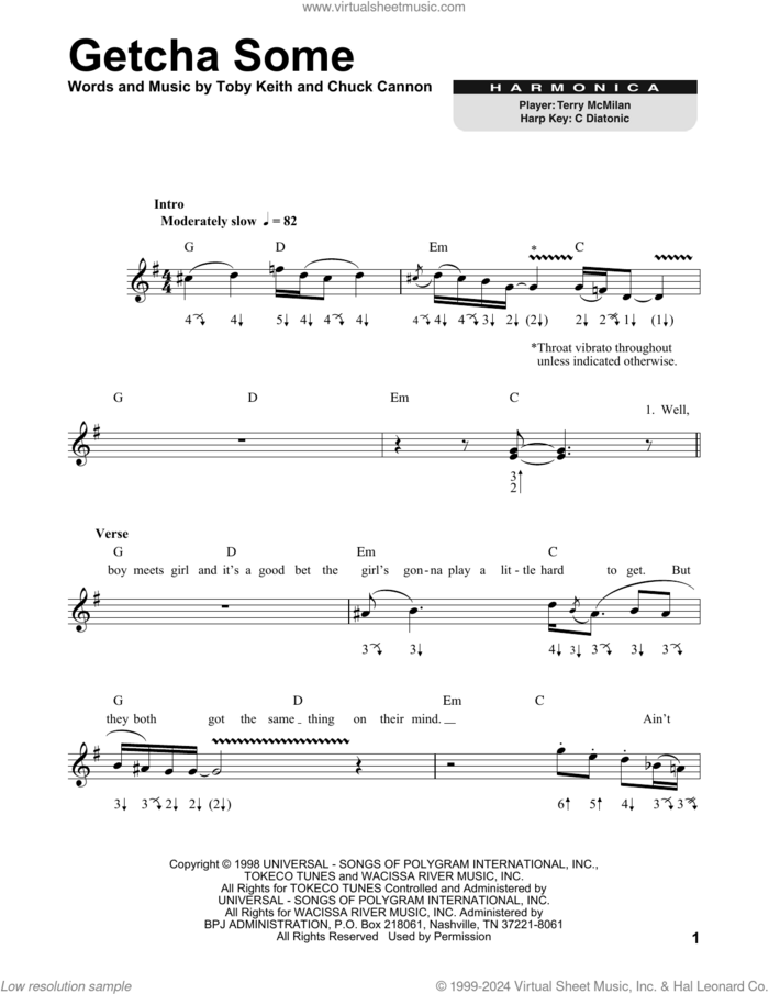 Getcha Some sheet music for harmonica solo by Toby Keith and Chuck Cannon, intermediate skill level