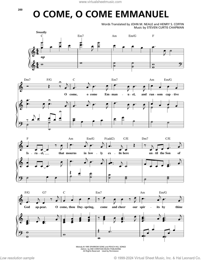 O Come, O Come Emmanuel sheet music for voice, piano or guitar by Steven Curtis Chapman, Henry S. Coffin, John Mason Neale and Miscellaneous, intermediate skill level