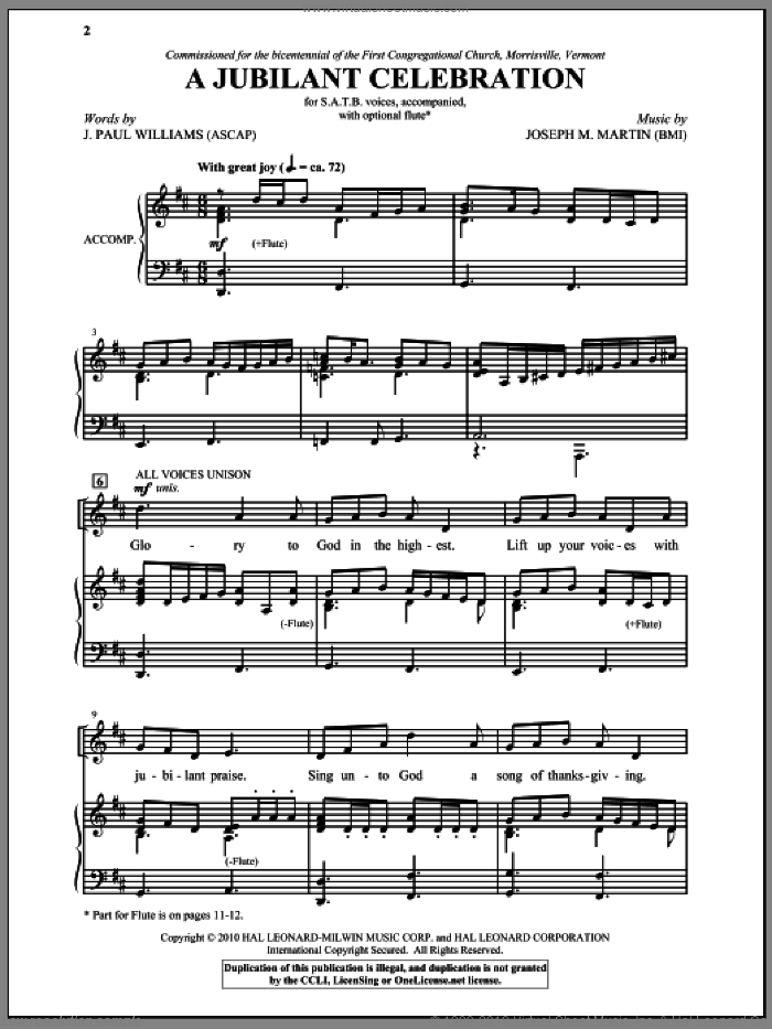 A Jubilant Celebration sheet music for choir (SATB: soprano, alto, tenor, bass) by Joseph M. Martin and J. Paul Williams, intermediate skill level