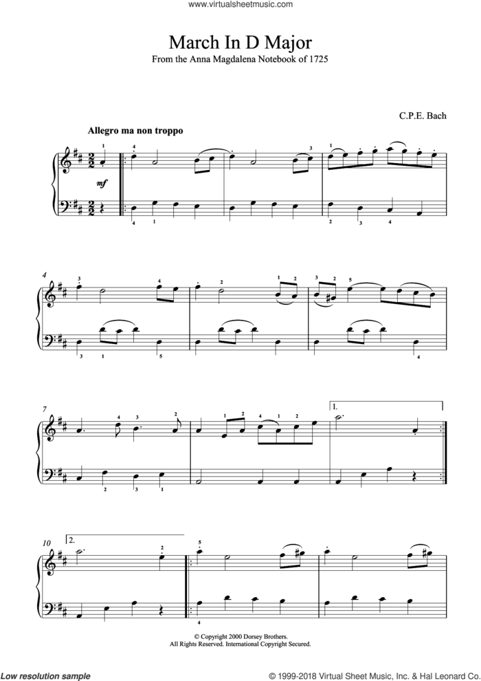 March In D Major, BWV App. 122 sheet music for piano solo by Johann Sebastian Bach and Carl Philip Emanuel Bach, classical score, intermediate skill level