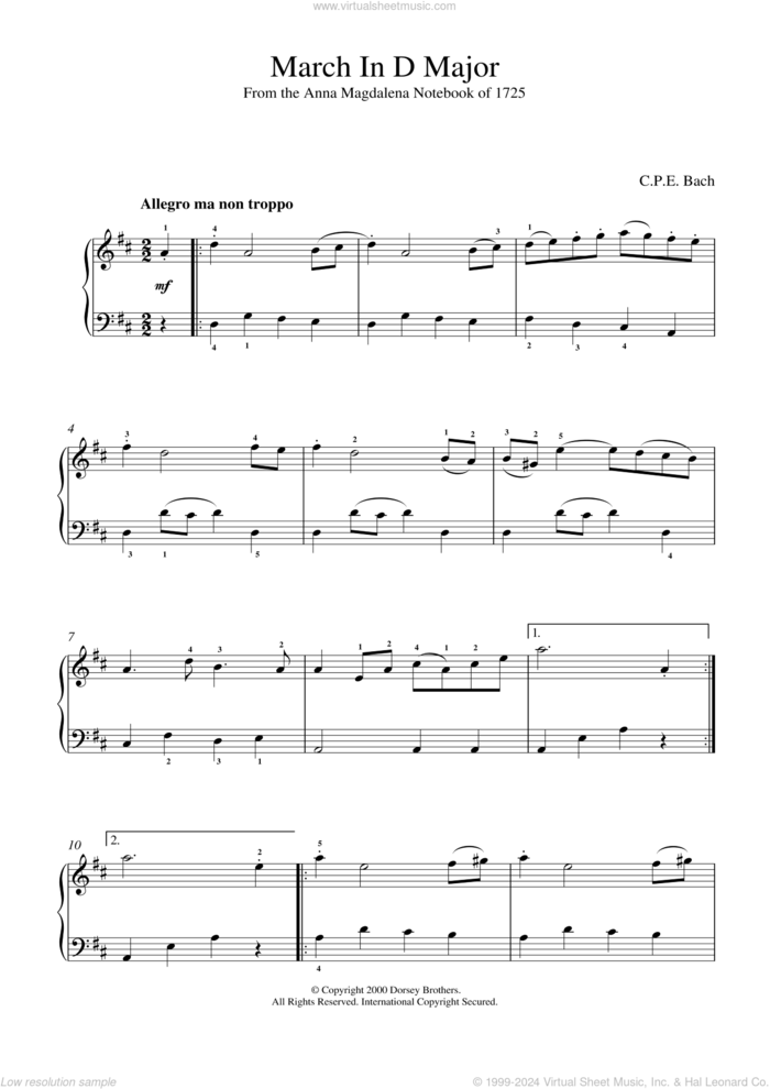 March In D Major, BWV App. 122 sheet music for piano solo by Johann Sebastian Bach and Carl Philip Emanuel Bach, classical score, intermediate skill level