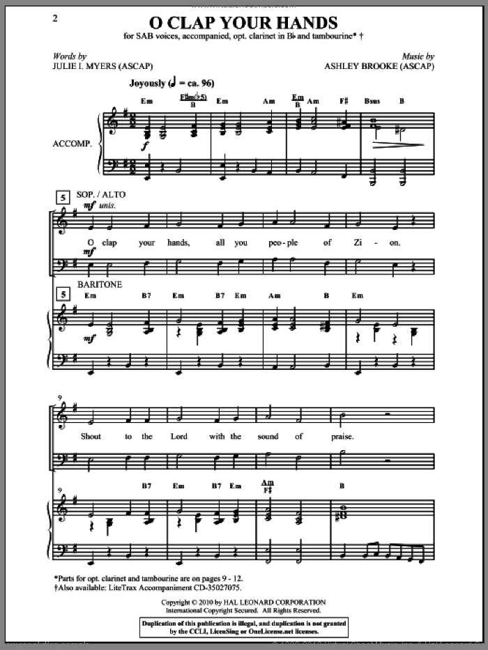 O Clap Your Hands sheet music for choir (SAB: soprano, alto, bass) by Julie I. Myers and Ashley Brooke, intermediate skill level