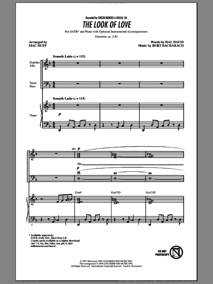 The Look Of Love (arr. Mac Huff) sheet music for choir (SATB: soprano, alto, tenor, bass) by Sergio Mendes & Brasil '66, Burt Bacharach, Hal David and Mac Huff, intermediate skill level