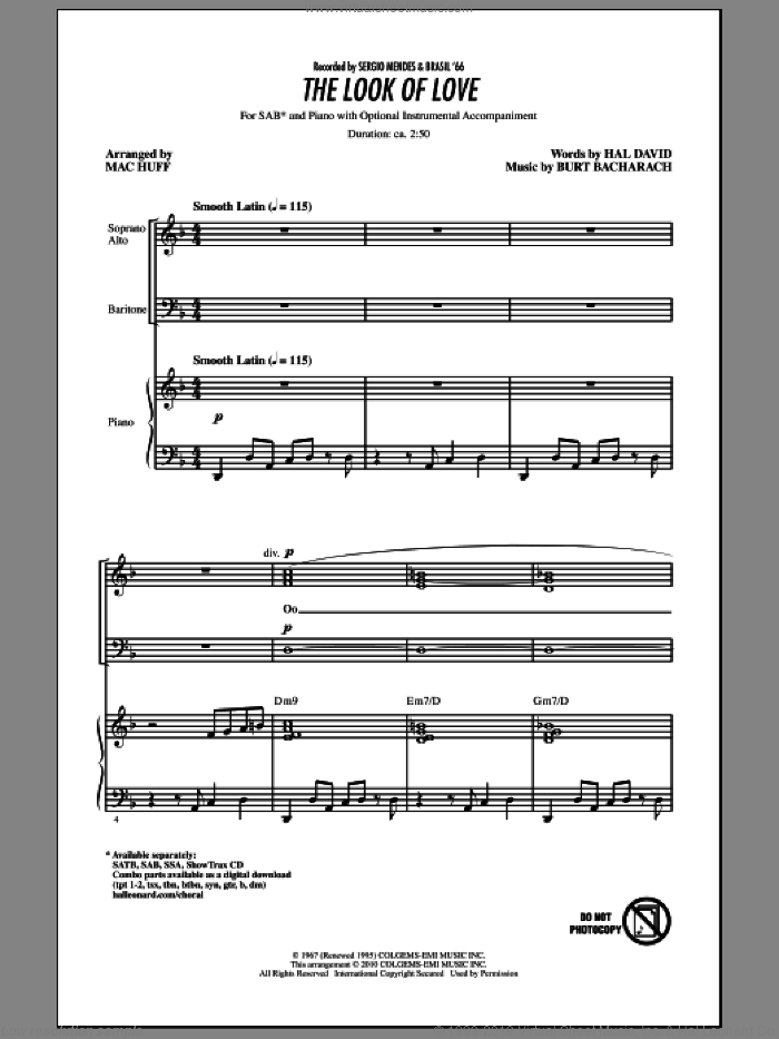 The Look Of Love sheet music for choir (SAB: soprano, alto, bass) by Burt Bacharach, Hal David and Mac Huff, intermediate skill level
