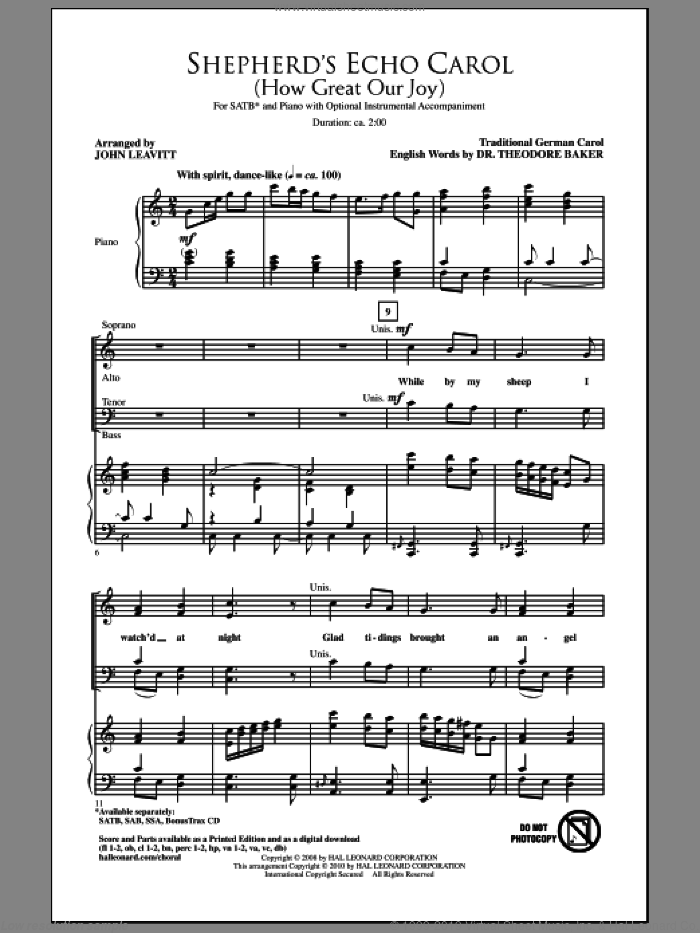 Shepherd's Echo Carol (How Great Our Joy) (arr. John Leavitt) sheet music for choir (SATB: soprano, alto, tenor, bass) by John Leavitt and Miscellaneous, intermediate skill level