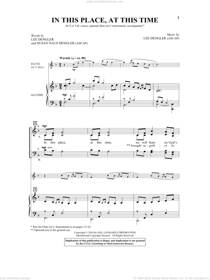 In This Place, At This Time sheet music for choir (SATB: soprano, alto, tenor, bass) by Lee Dengler and Susan Dengler, intermediate skill level