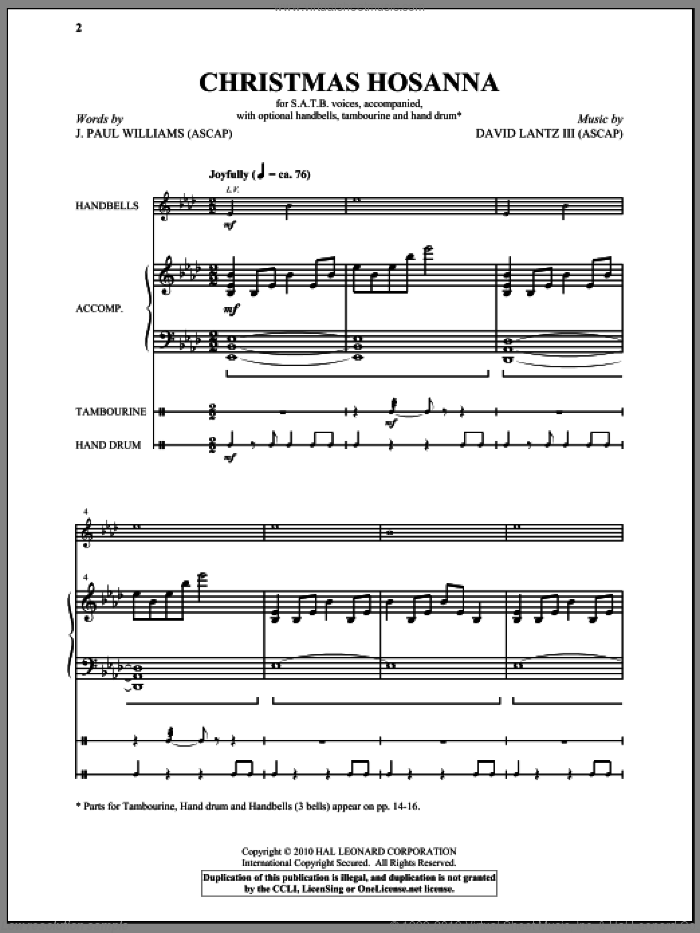 Christmas Hosanna sheet music for choir (SATB: soprano, alto, tenor, bass) by J. Paul Williams and David Lanz, intermediate skill level