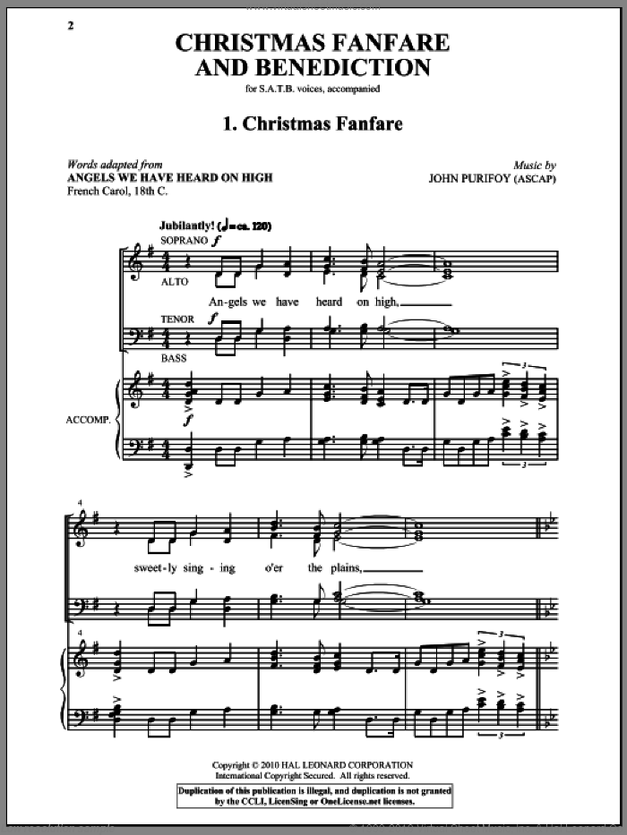Christmas Fanfare And Benediction sheet music for choir (SATB: soprano, alto, tenor, bass) by John Purifoy, intermediate skill level
