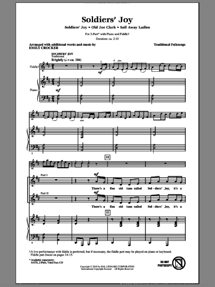 Soldiers' Joy sheet music for choir (2-Part) by Emily Crocker, intermediate duet