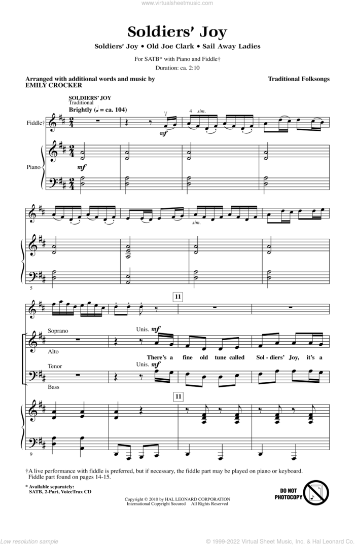 Soldiers' Joy sheet music for choir (SATB: soprano, alto, tenor, bass) by Emily Crocker, intermediate skill level
