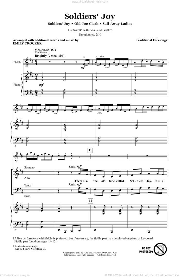 Soldiers' Joy sheet music for choir (SATB: soprano, alto, tenor, bass) by Emily Crocker, intermediate skill level