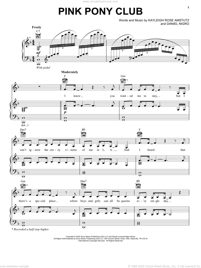 Pink Pony Club sheet music for voice, piano or guitar by Chappell Roan, Daniel Nigro and Kayleigh Rose Amstutz, intermediate skill level