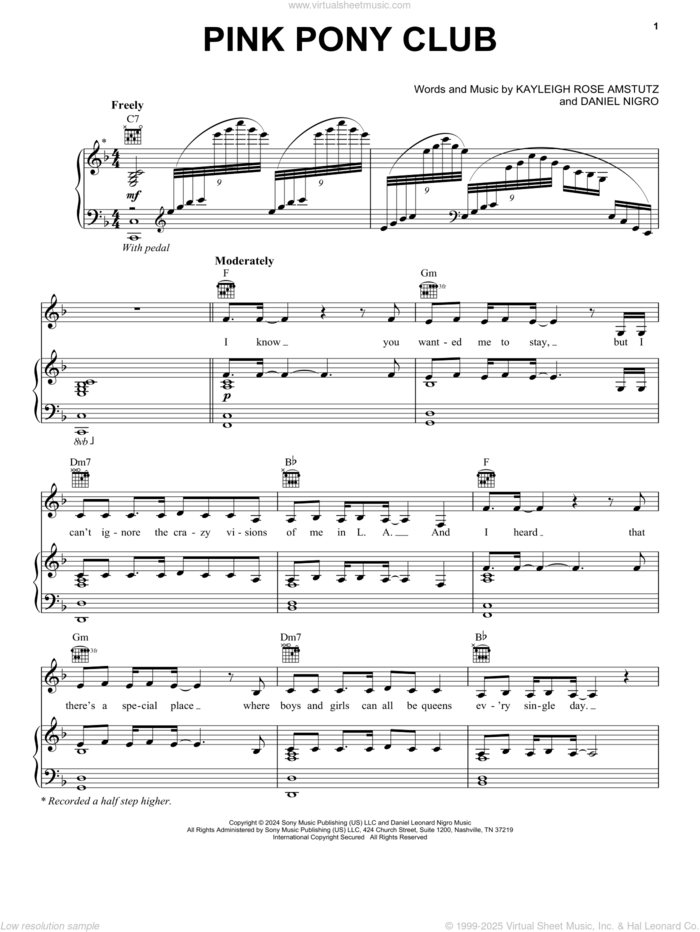 Pink Pony Club sheet music for voice, piano or guitar by Chappell Roan, Daniel Nigro and Kayleigh Rose Amstutz, intermediate skill level