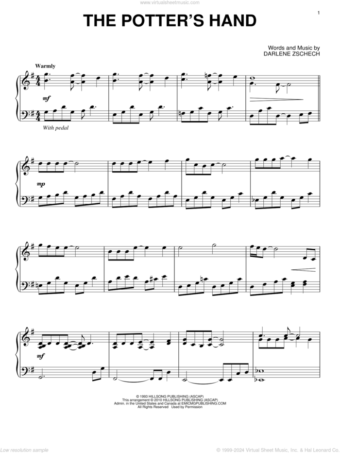 The Potter's Hand sheet music for piano solo by Darlene Zschech, intermediate skill level