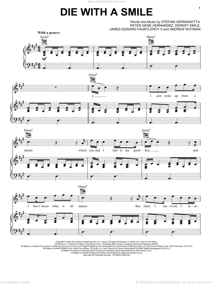 Die With A Smile sheet music for voice, piano or guitar by Bruno Mars & Lady Gaga, Andrew Wotman (Andrew Watt), Dernst Emile, James Fauntleroy, Lady Gaga and Peter Gene Hernandez, intermediate skill level