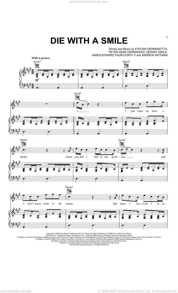 Die With A Smile sheet music for voice, piano or guitar by Bruno Mars & Lady Gaga, Andrew Wotman (Andrew Watt), Dernst Emile, James Fauntleroy, Lady Gaga and Peter Gene Hernandez, intermediate skill level