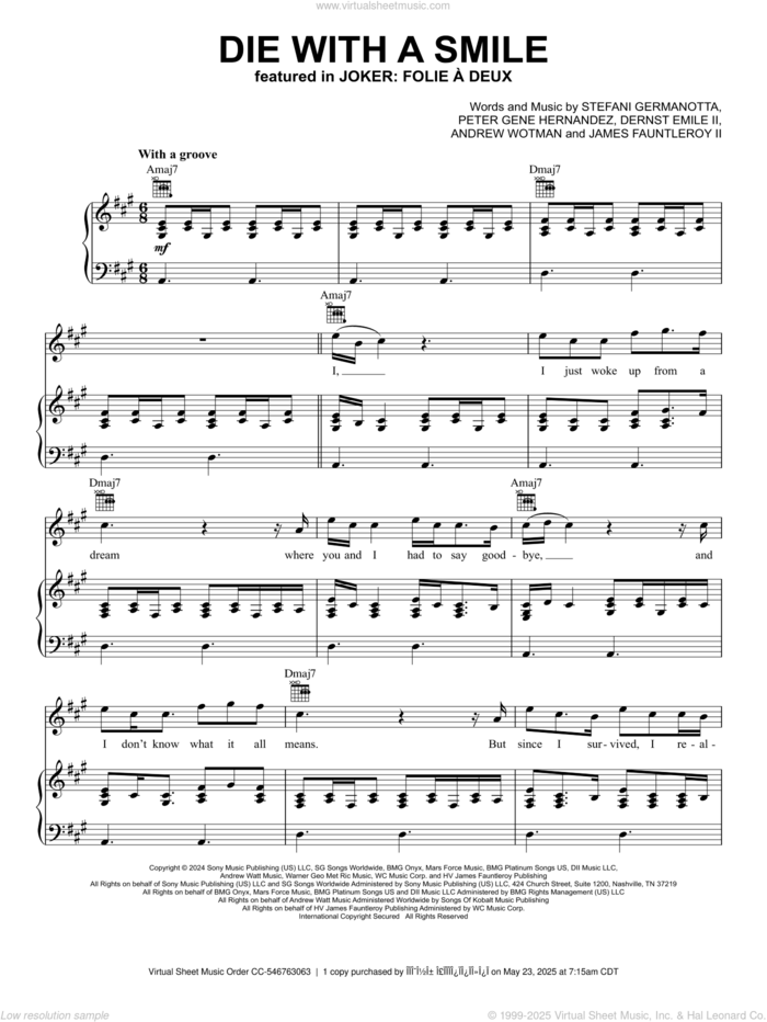 Die With A Smile sheet music for voice, piano or guitar by Bruno Mars & Lady Gaga, Andrew Wotman (Andrew Watt), Dernst Emile, James Fauntleroy, Lady Gaga and Peter Gene Hernandez, intermediate skill level