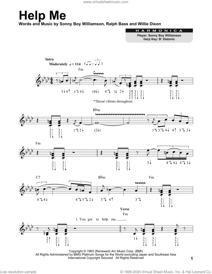 Help Me sheet music for harmonica solo by Sonny Boy Williamson, Ralph Bass, Willie Dixon and Willie Williamson, intermediate skill level