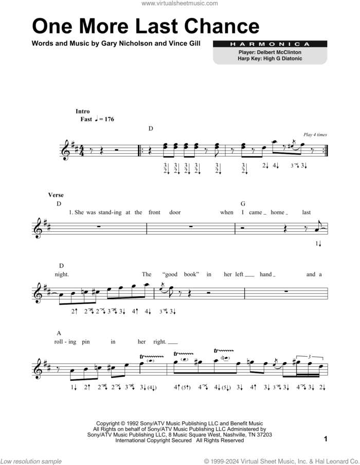 One More Last Chance sheet music for harmonica solo by Vince Gill and Gary Nicholson, intermediate skill level