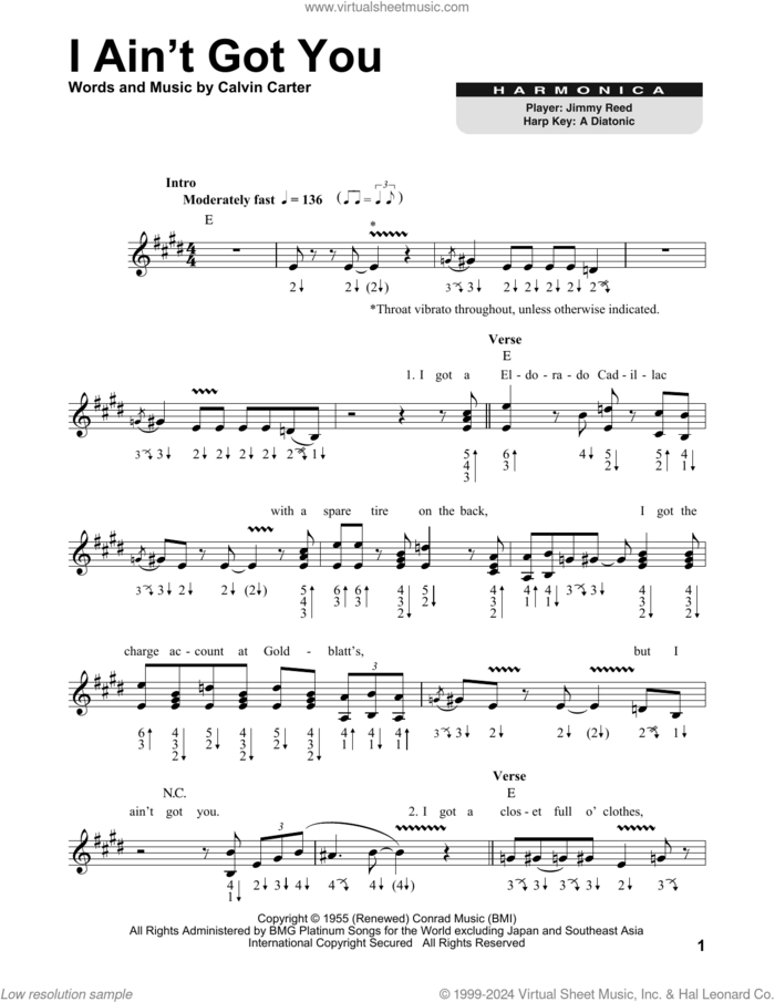 I Ain't Got You sheet music for harmonica solo by Jimmy Reed and Calvin Carter, intermediate skill level