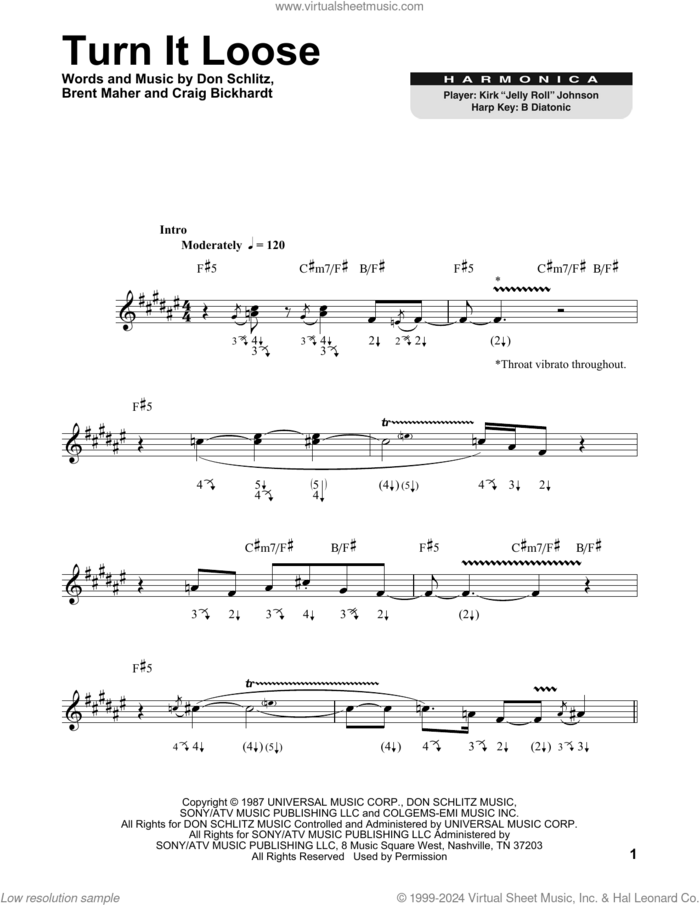 Turn It Loose sheet music for harmonica solo by The Judds, Brent Maher, Craig Bickhardt and Don Schlitz, intermediate skill level