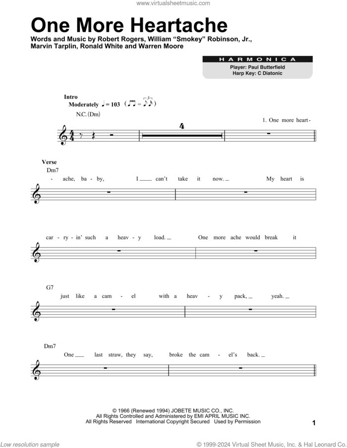 One More Heartache sheet music for harmonica solo by Marvin Gaye, Marvin Tarplin, Robert Rogers, Ronald White, Warren Moore and William 'Smokey' Robinson, Jr., intermediate skill level