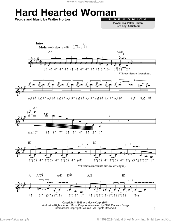 Hard Hearted Woman sheet music for harmonica solo by Walter Horton, intermediate skill level