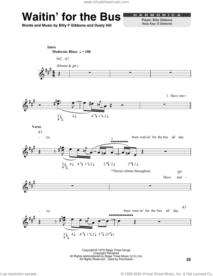 Waitin' For The Bus sheet music for harmonica solo by ZZ Top, Billy Gibbons and Dusty Hill, intermediate skill level