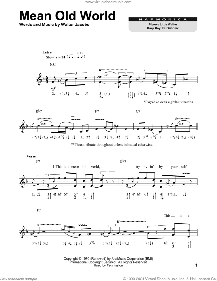 Mean Old World sheet music for harmonica solo by Little Walter and Walter Jacobs, intermediate skill level