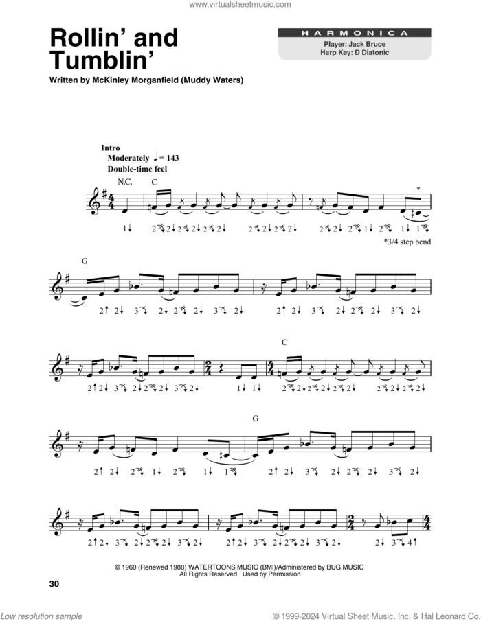 Rollin' And Tumblin' sheet music for harmonica solo by Muddy Waters and McKinley Morganfield, intermediate skill level