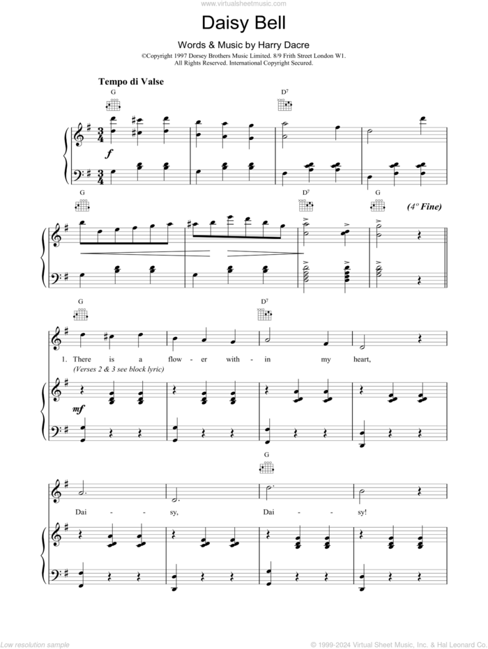 Daisy Bell sheet music for voice, piano or guitar by Harry Dacre, intermediate skill level