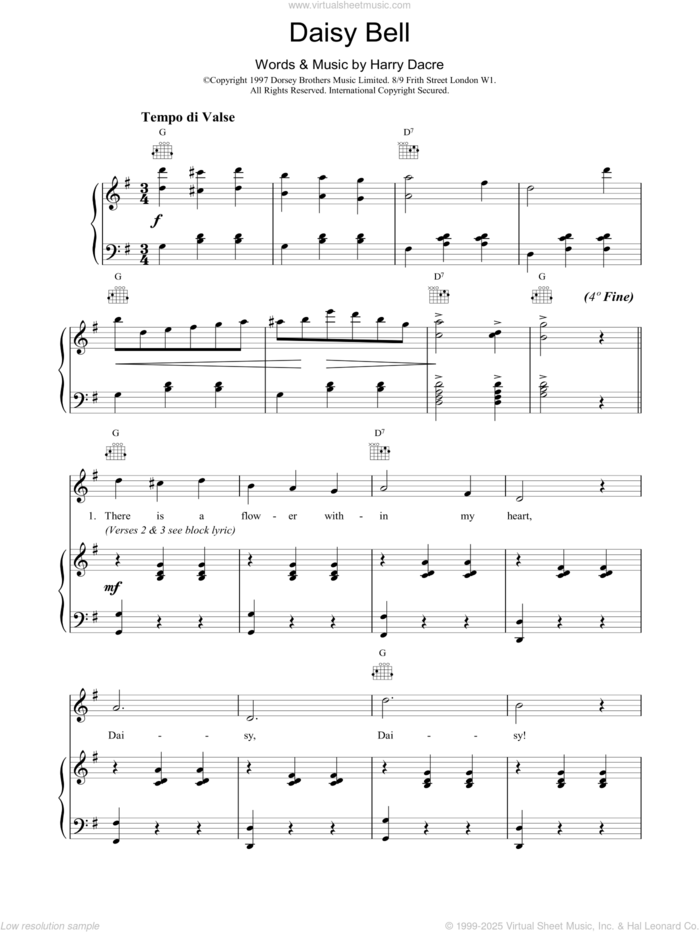 Daisy Bell sheet music for voice, piano or guitar by Harry Dacre, intermediate skill level