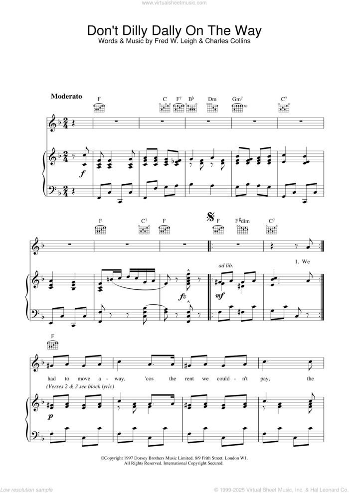 Don't Dilly Dally On The Way sheet music for voice, piano or guitar by Charles Collins, Miscellaneous and Fred W. Leigh, intermediate skill level