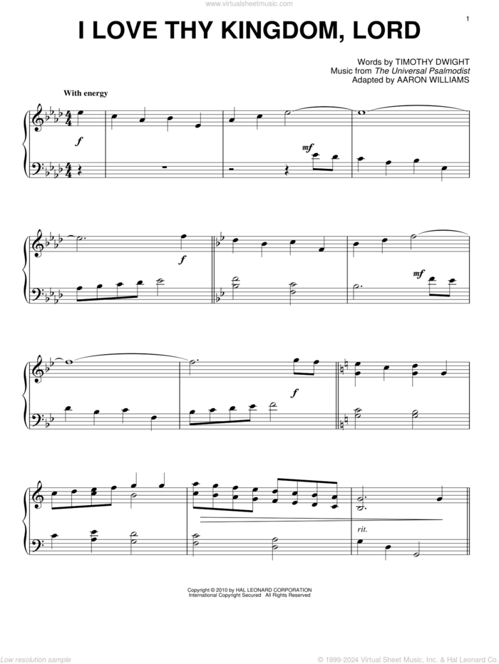 I Love Thy Kingdom, Lord sheet music for piano solo by Aaron Williams, The Universal Psalmodist and Timothy Dwight, intermediate skill level