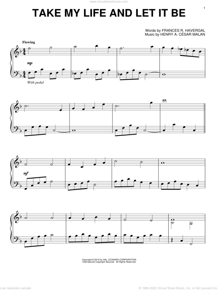 Take My Life And Let It Be sheet music for piano solo by Henry A. Cesar Malan and Frances R. Havergal, intermediate skill level