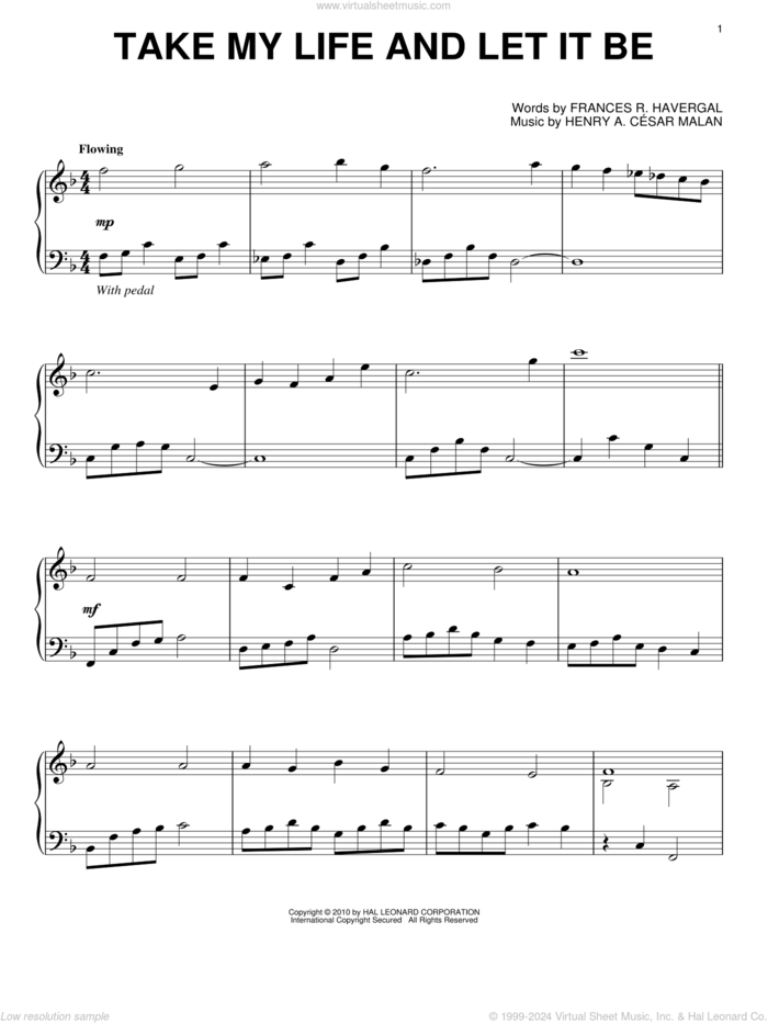 Take My Life And Let It Be sheet music for piano solo by Henry A. Cesar Malan and Frances R. Havergal, intermediate skill level