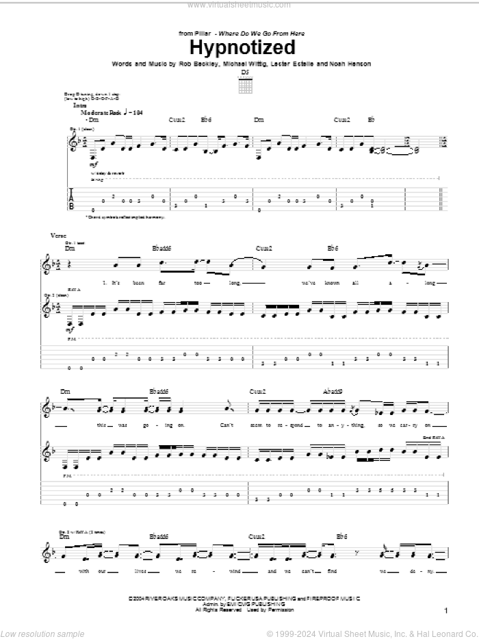 Hypnotized sheet music for guitar (tablature) by Pillar, Lester Estelle, Michael Wittig, Noah Henson and Rob Beckley, intermediate skill level