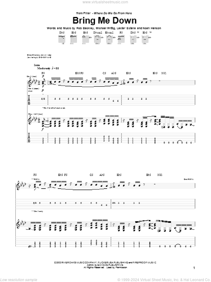 Bring Me Down sheet music for guitar (tablature) by Pillar, Lester Estelle, Michael Wittig, Noah Henson and Rob Beckley, intermediate skill level