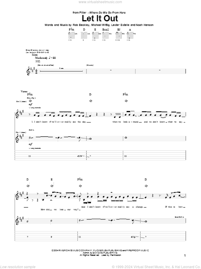 Let It Out sheet music for guitar (tablature) by Pillar, Lester Estelle, Michael Wittig, Noah Henson and Rob Beckley, intermediate skill level
