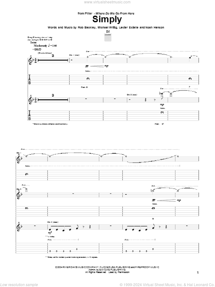 Simply sheet music for guitar (tablature) by Pillar, Lester Estelle, Michael Wittig, Noah Henson and Rob Beckley, intermediate skill level