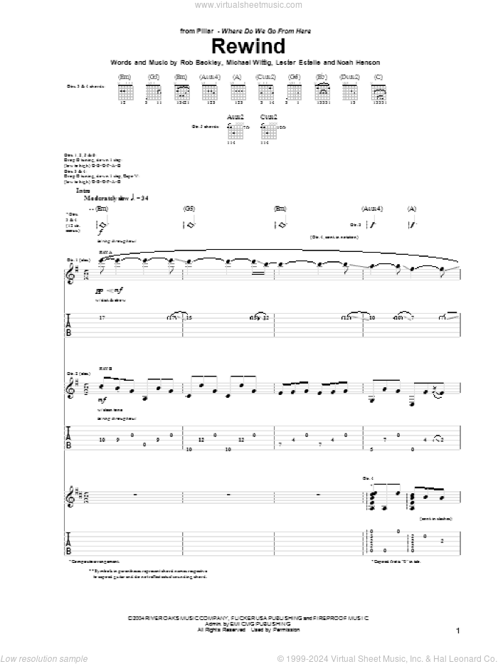 Rewind sheet music for guitar (tablature) by Pillar, Lester Estelle, Michael Wittig, Noah Henson and Rob Beckley, intermediate skill level