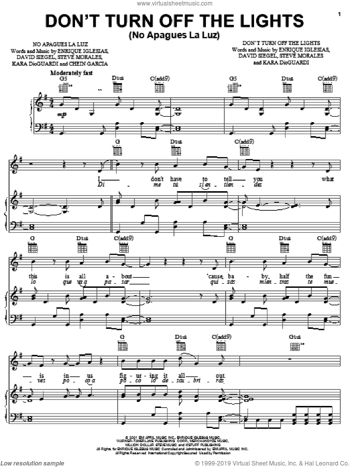 Don't Turn Off The Lights sheet music for voice, piano or guitar by Enrique Iglesias, Kara DioGuardi and David Siegel, intermediate skill level