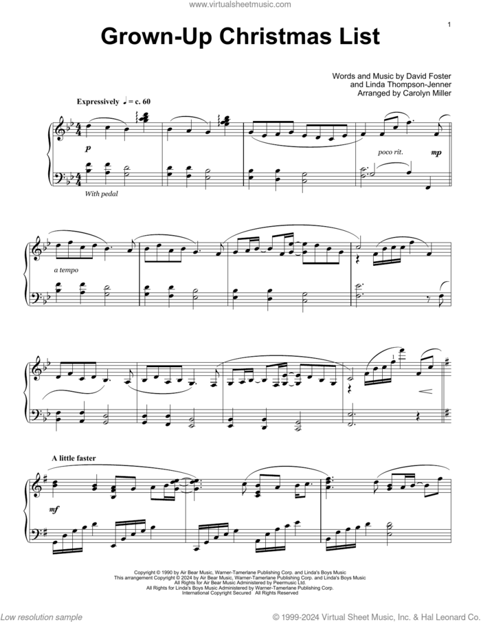 Grown-Up Christmas List (arr. Carolyn Miller) sheet music for piano solo (elementary) by Amy Grant, Carolyn Miller, David Foster and Linda Thompson-Jenner, beginner piano (elementary)