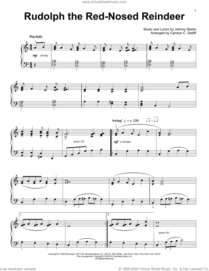 Rudolph The Red-Nosed Reindeer (arr. Carolyn C. Setliff) sheet music for piano solo (elementary) by Johnny Marks and Carolyn C. Setliff, beginner piano (elementary)